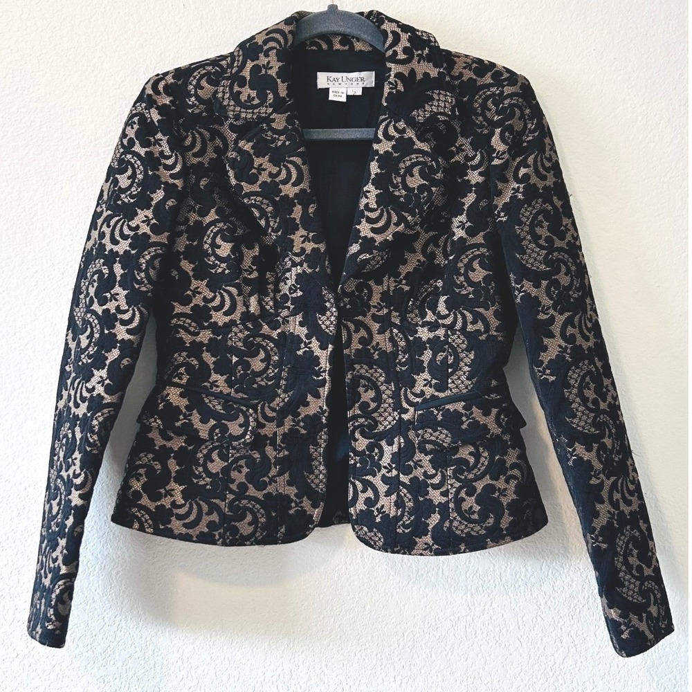 Kay Unger New York Black Gold Metallic Damask Brocade Blazer Jacket Size 2
